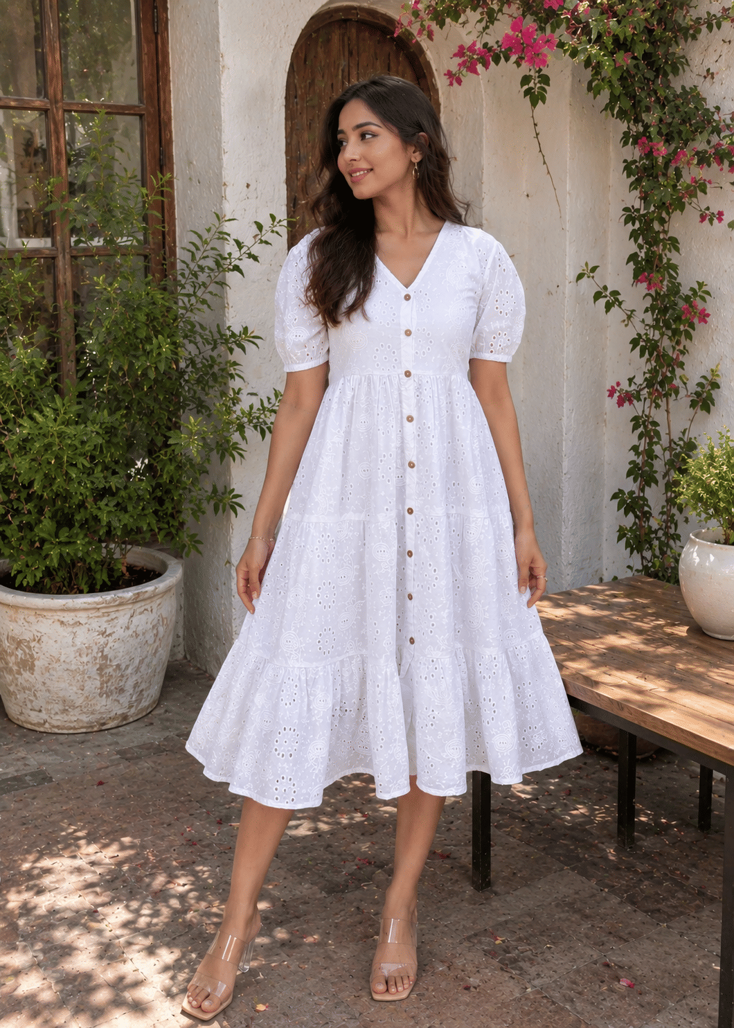 White Eyelet Cotton Puff Sleeve Tiered Dress
