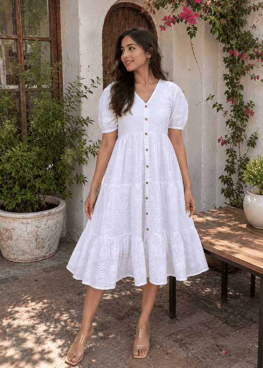 White Eyelet Cotton Puff Sleeve Tiered Dress