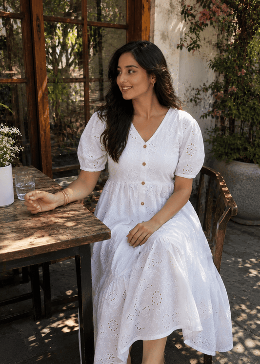 White Eyelet Cotton Puff Sleeve Tiered Dress