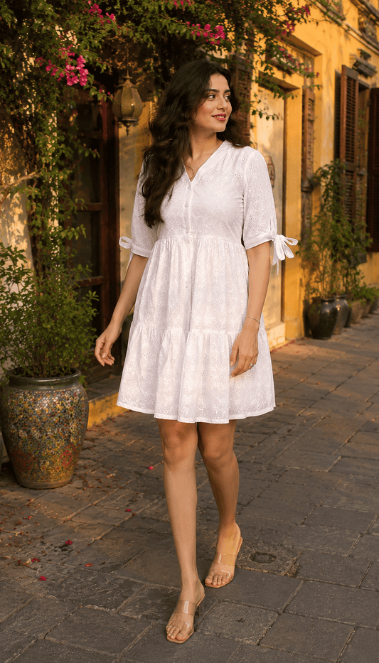 White Eyelet Embroidery Flared Dress