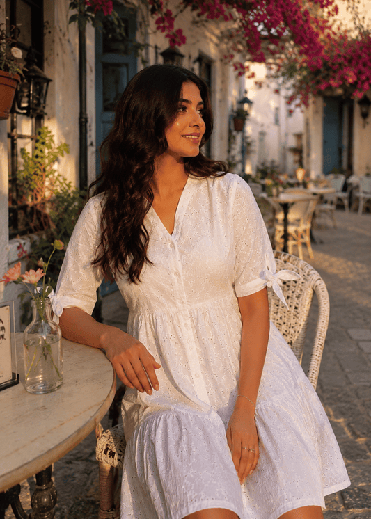 White Eyelet Embroidery Flared Dress