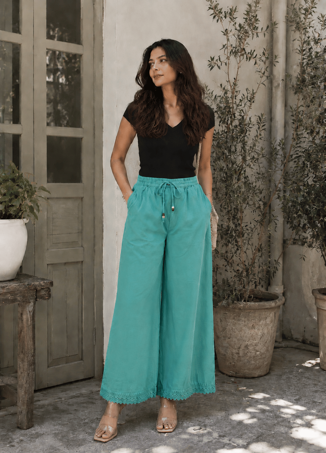 Pure Cotton Teal Green Palazzo Pants