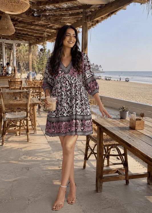 V-Neck Smocked Boho Kurti Dress