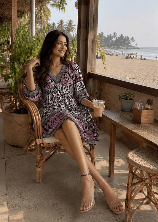 V-Neck Smocked Boho Kurti Dress
