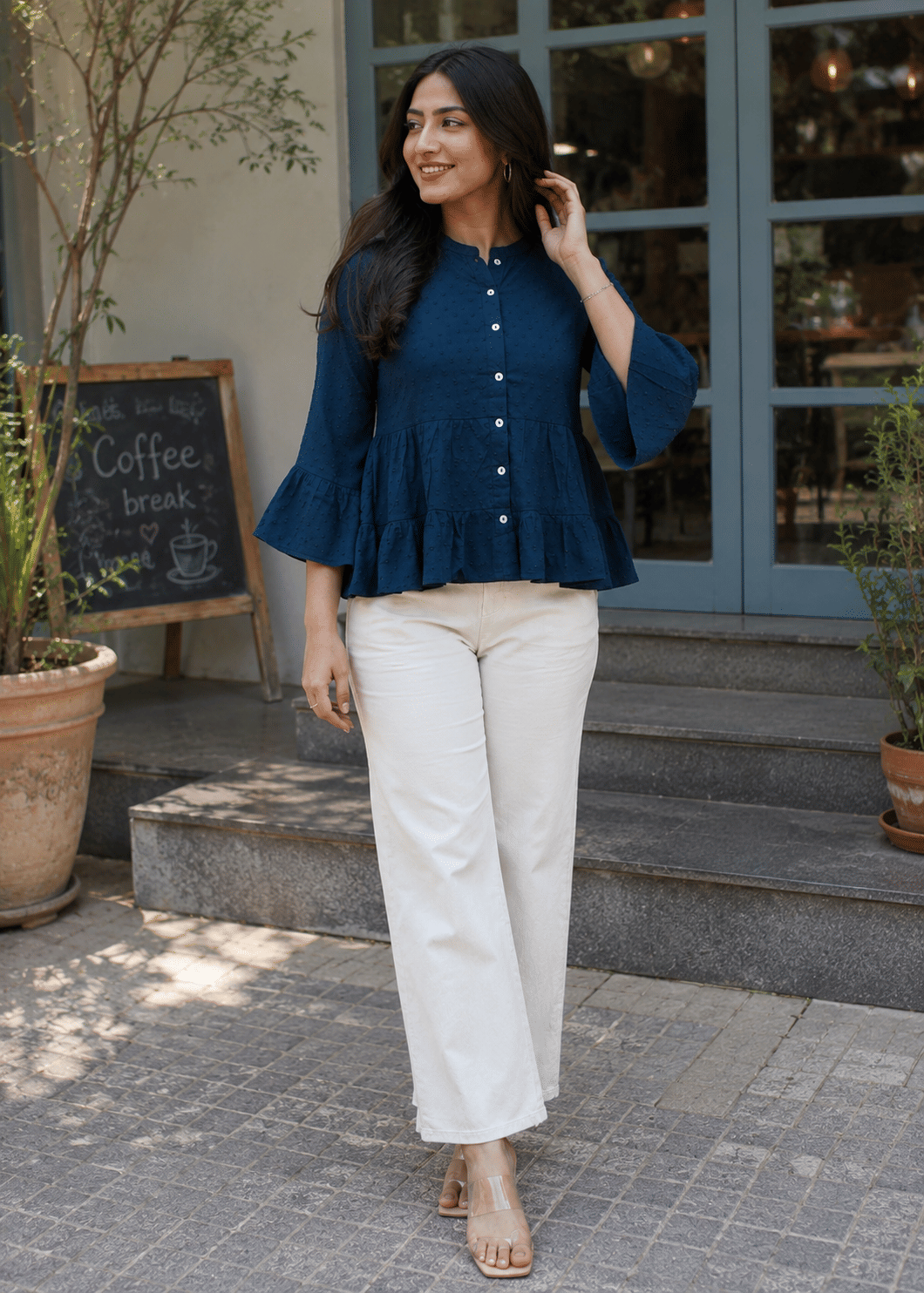 Dobby Texture Teal Peplum Top