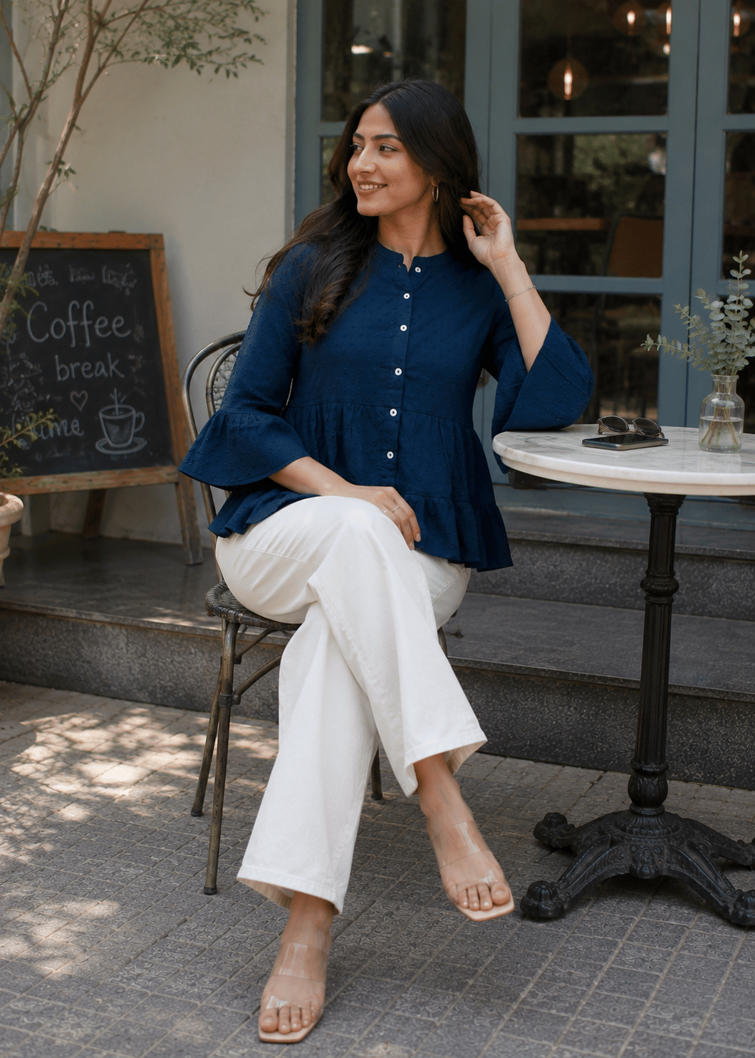 Dobby Texture Teal Peplum Top