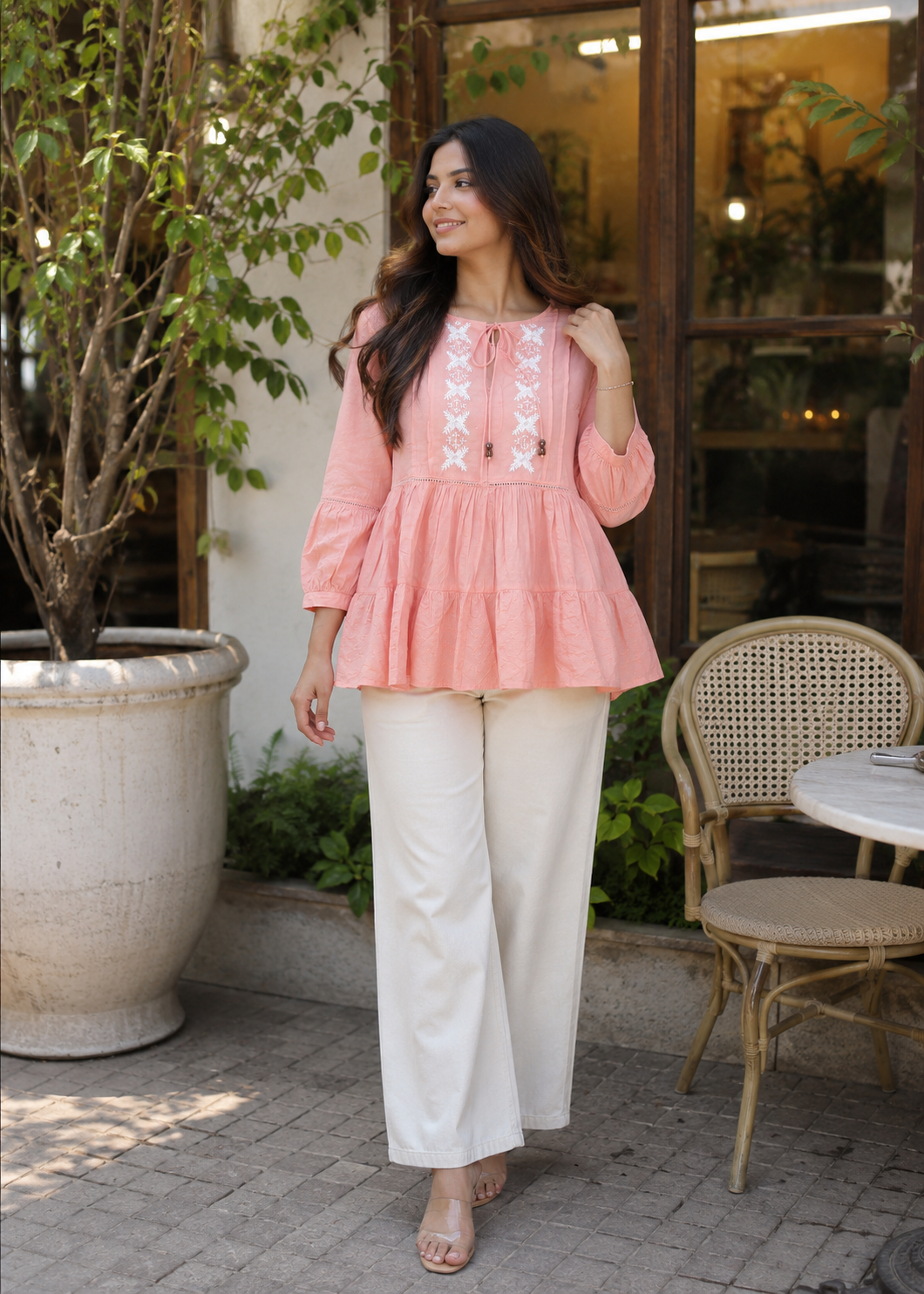 Embroidered Bishop Sleeve Cotton Top