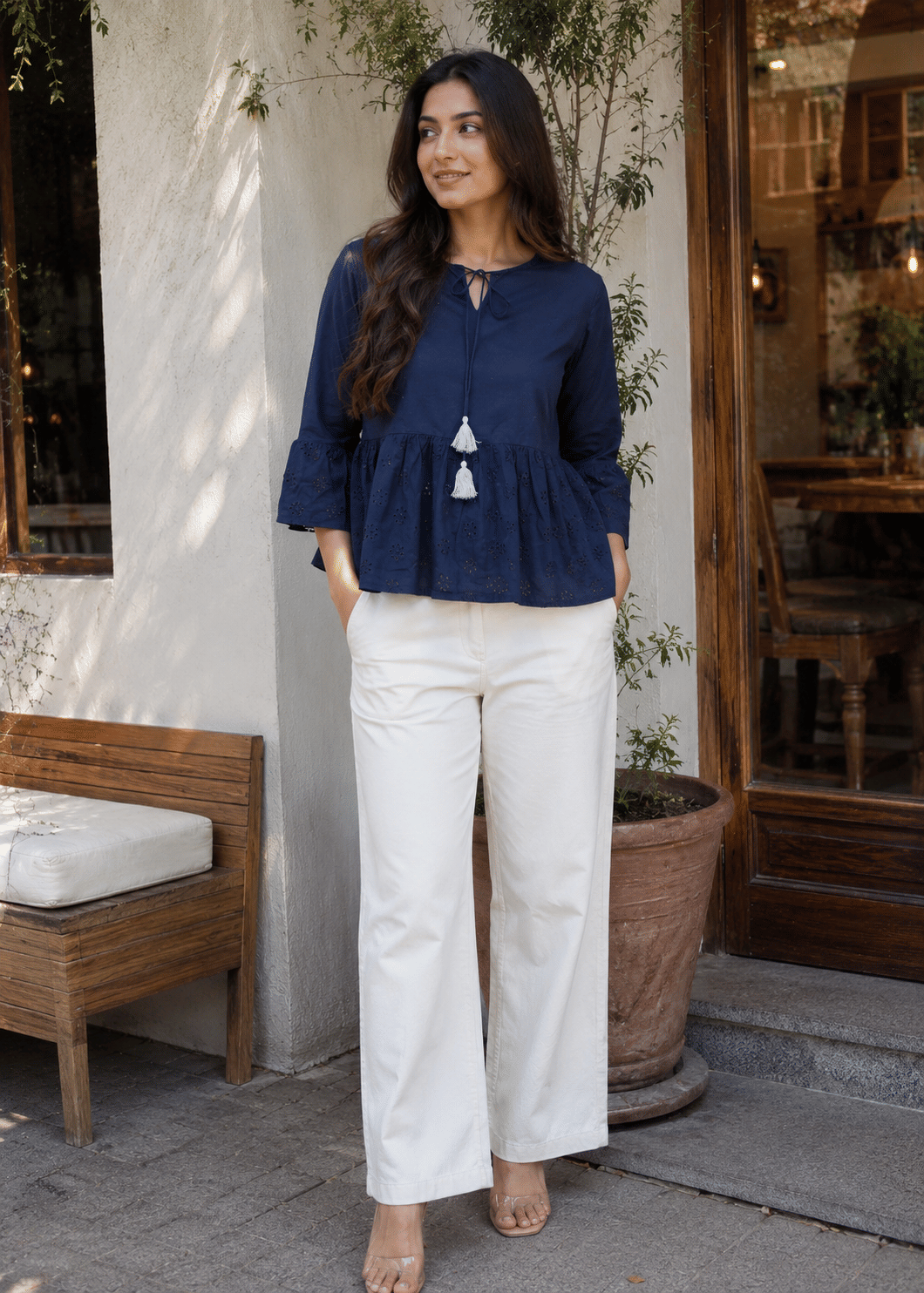 Laser Cut Flared Sleeve Cotton Peplum Top