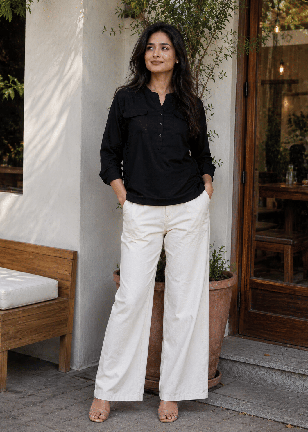 Solid Viscose Rayon Henley Shirt Style Top