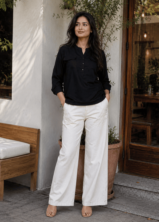 Solid Viscose Rayon Henley Shirt Style Top