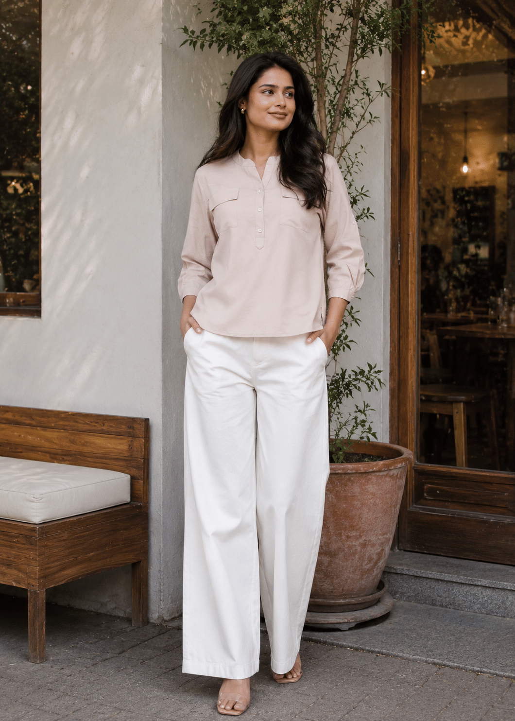 Solid Mandarin Collar Viscose Rayon Top