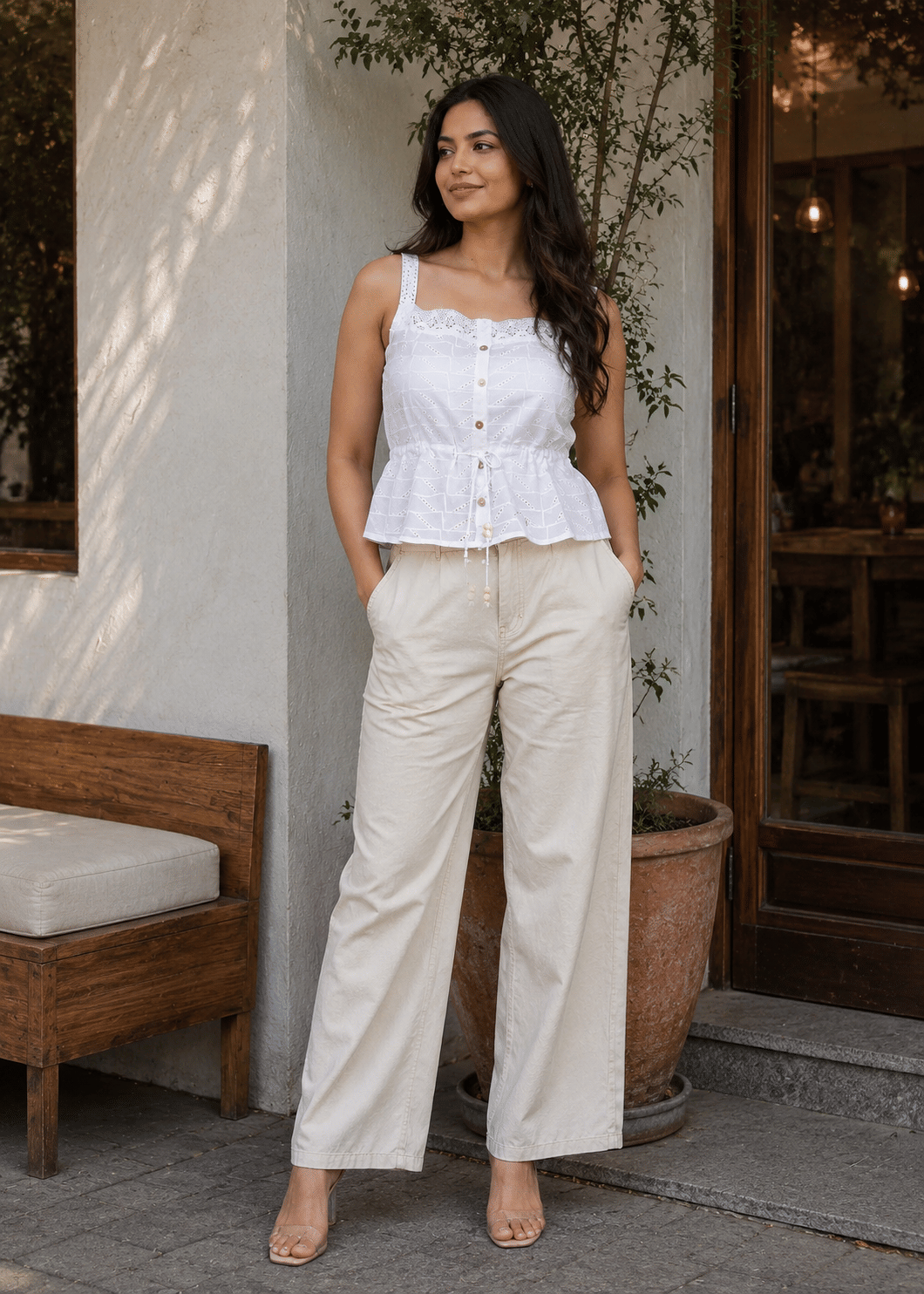 Lace Embroidered Square Neck Cinched Waist Top