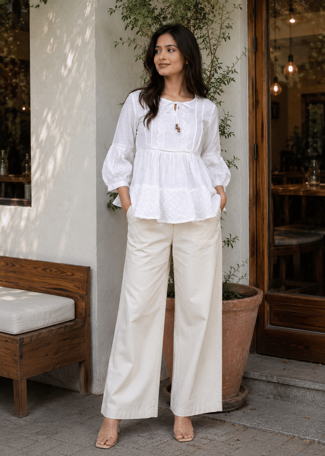 Self Design Bishop Sleeve Cotton Fusion Top