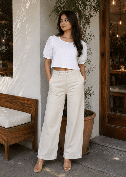 Embroidered Round Neck Puff Sleeve Crop Top
