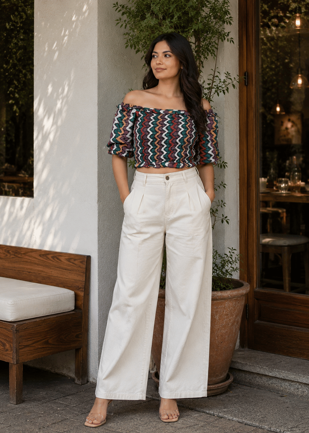 Chevron Print Ruffle Off Shoulder Cotton Top