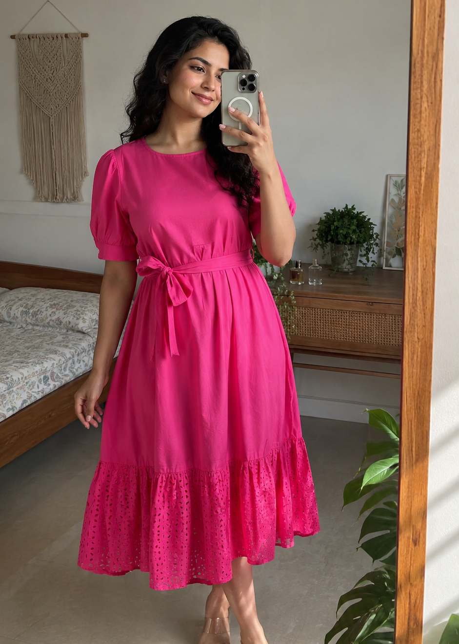 Pink Solid Tie-Waist Midi Dress