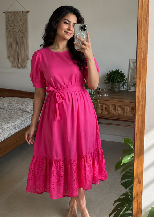 Pink Solid Tie-Waist Midi Dress
