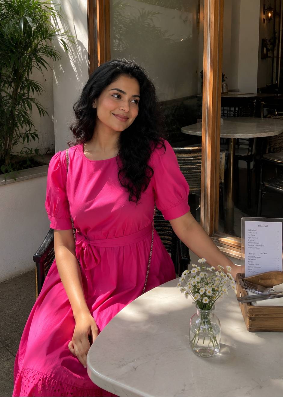 Pink Solid Tie-Waist Midi Dress