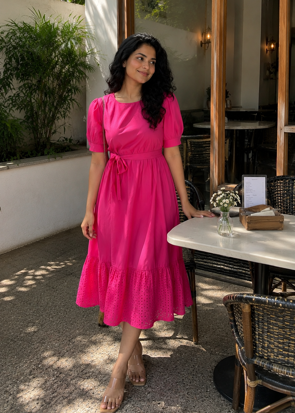 Pink Solid Tie-Waist Midi Dress