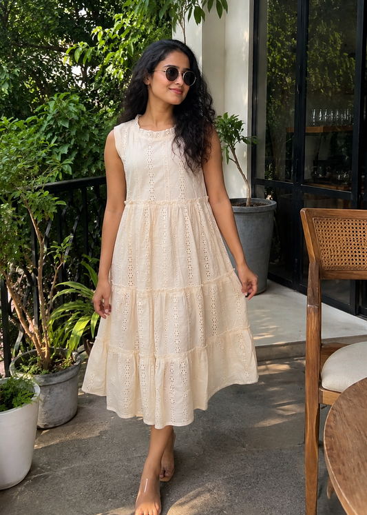Beige Schiffli Sleeveless Midi Dress