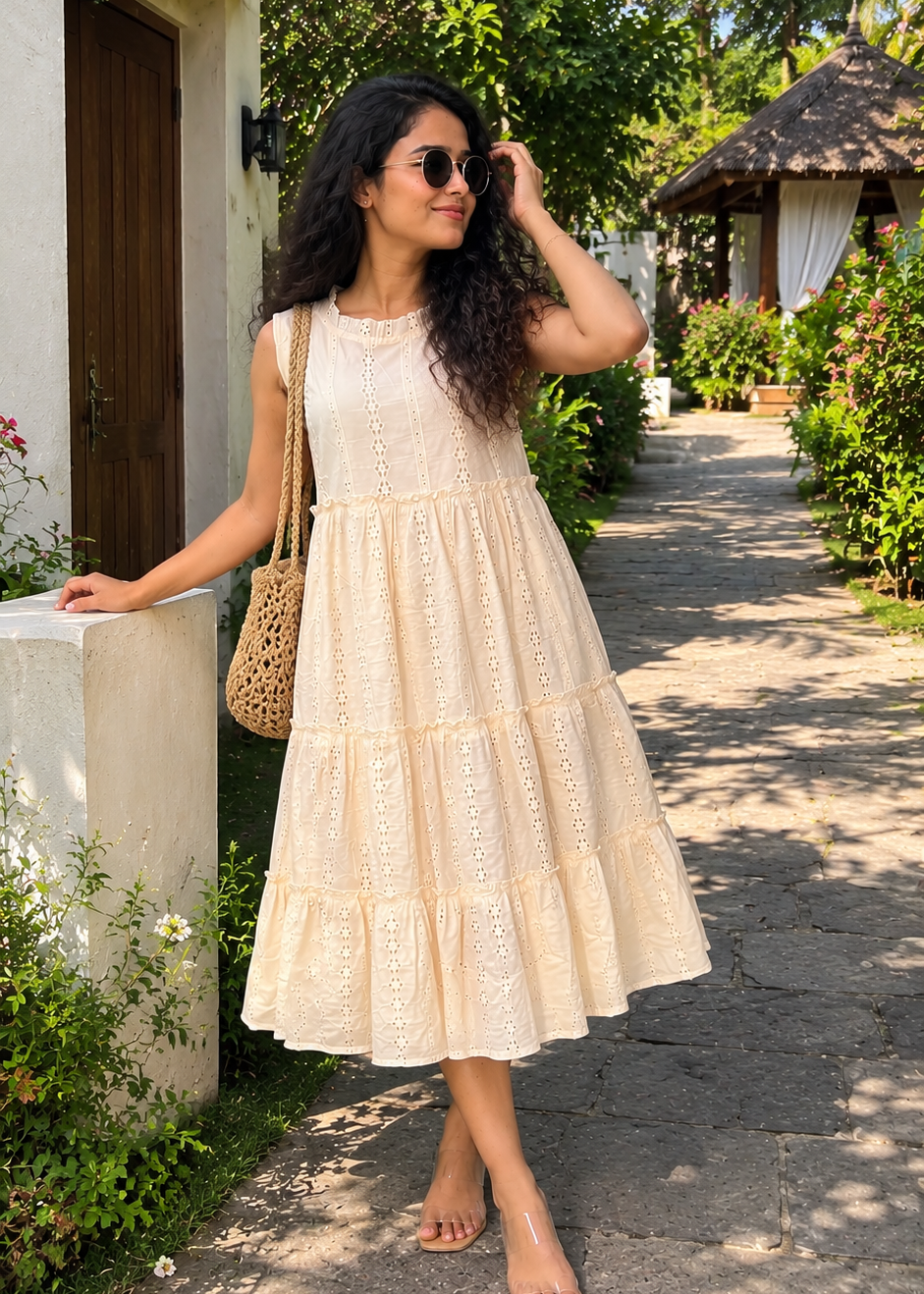 Beige Schiffli Sleeveless Midi Dress