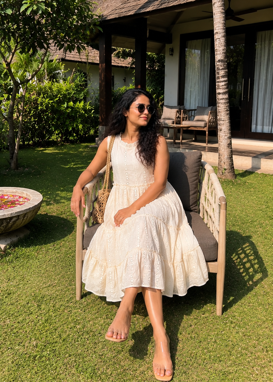 Beige Schiffli Sleeveless Midi Dress