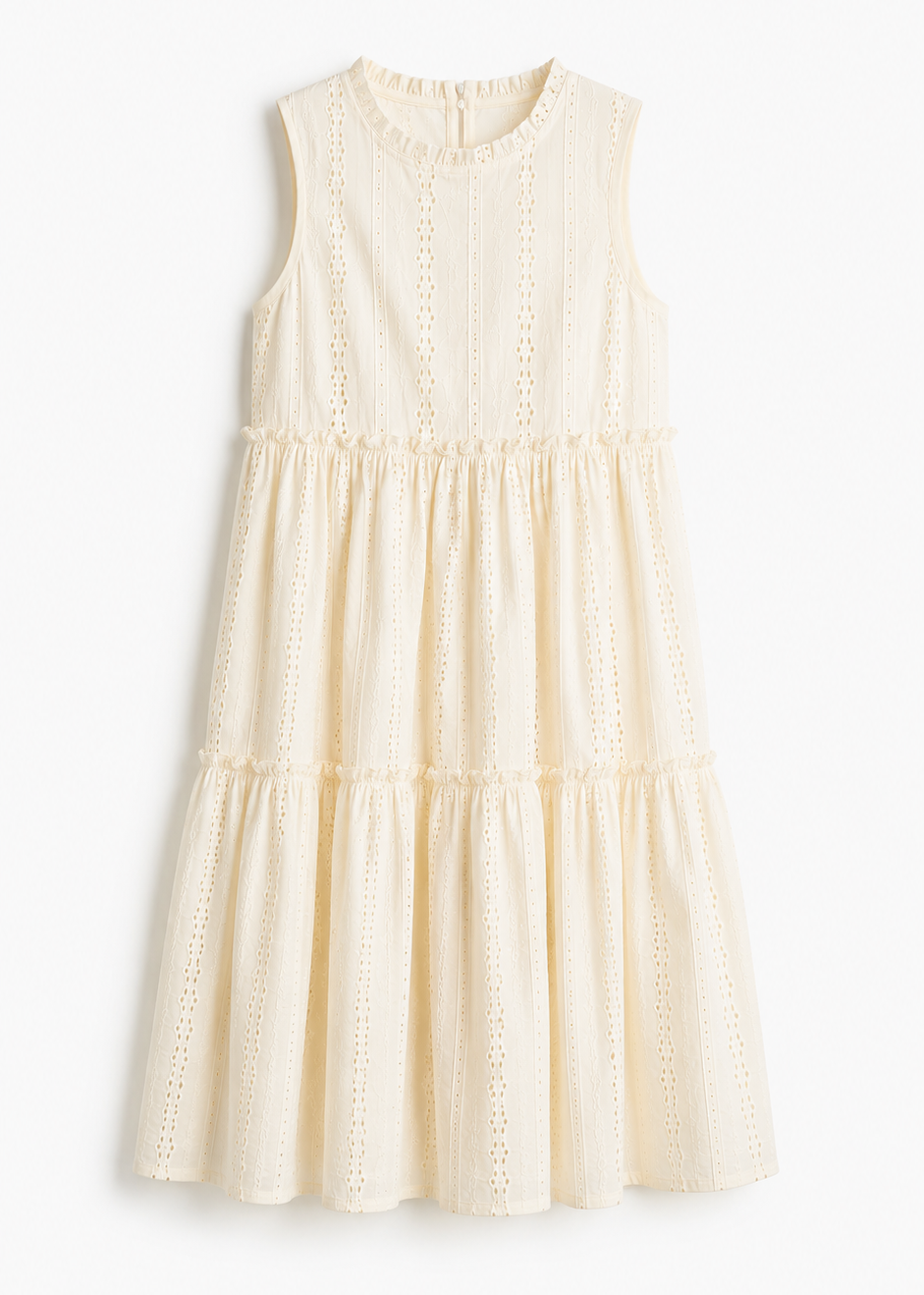 Beige Schiffli Sleeveless Midi Dress