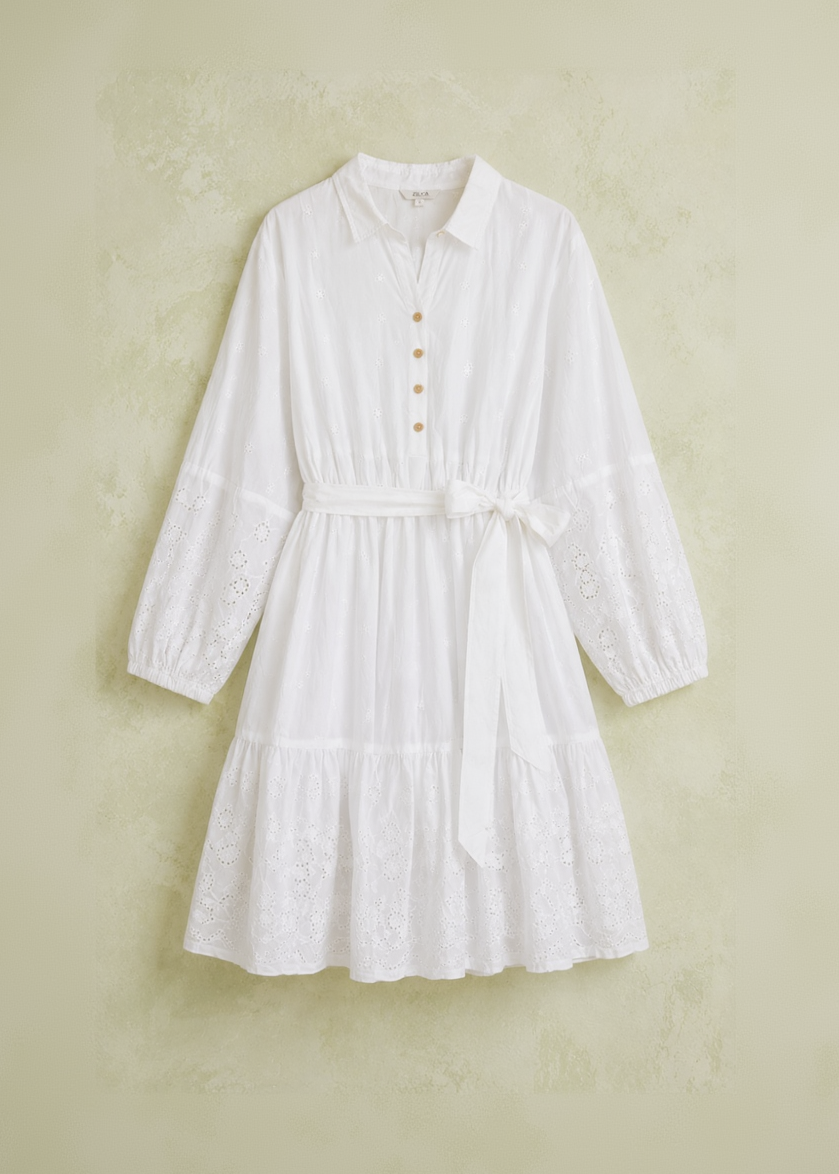 White Schiffli Tie-Waist Mini Dress