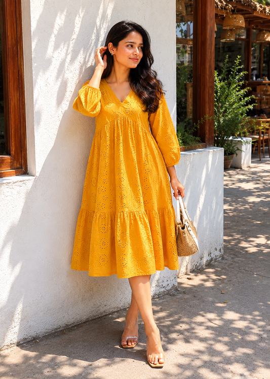 Mustard Schiffli Tiered A-Line Dress