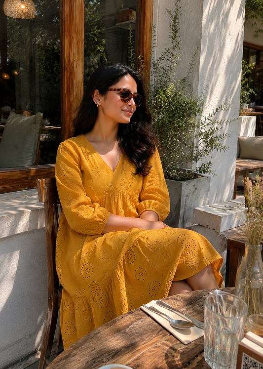 Mustard Schiffli Tiered A-Line Dress