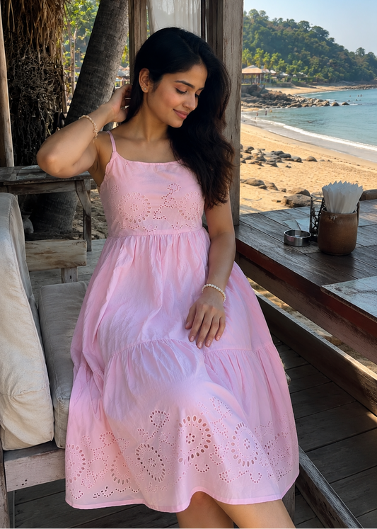 Pink Schiffli Tiered Midi Dress