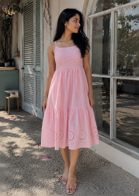 Pink Schiffli Tiered Midi Dress