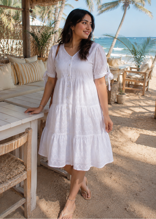 White Eyelet Embroidery Flared Summer Dress