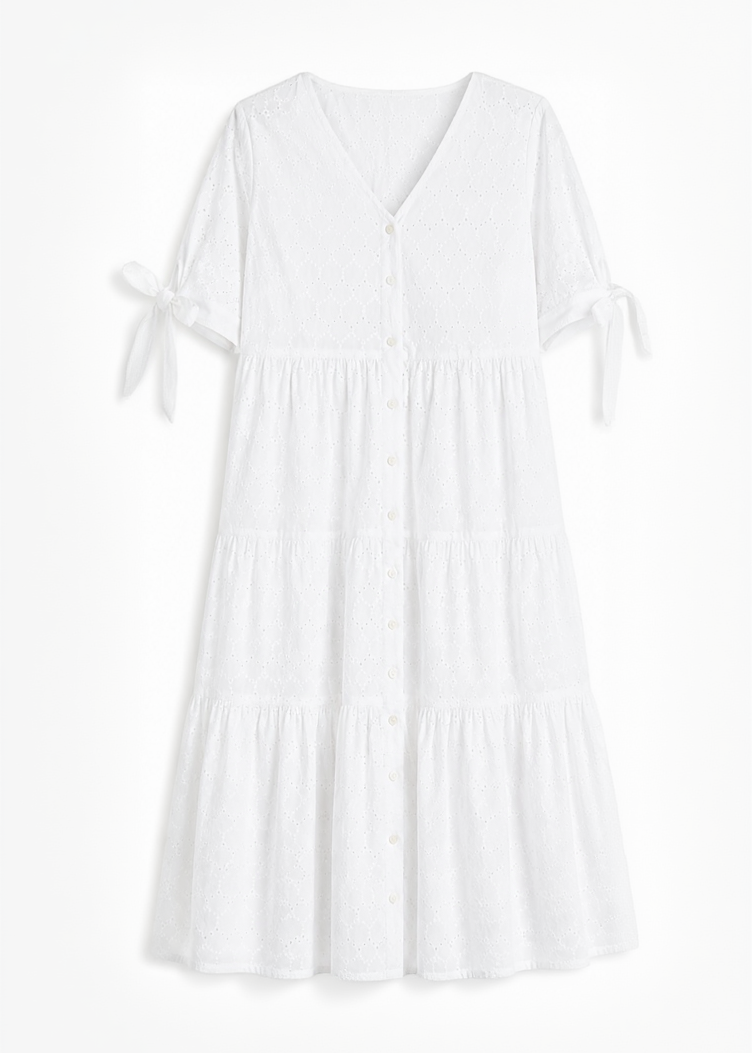 White Eyelet Embroidery Flared Summer Dress