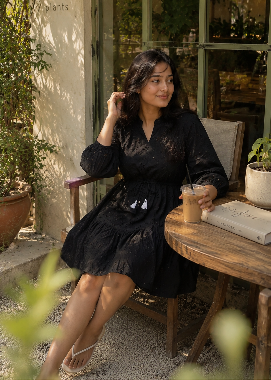 Black Schiffli Balloon Sleeve Dress