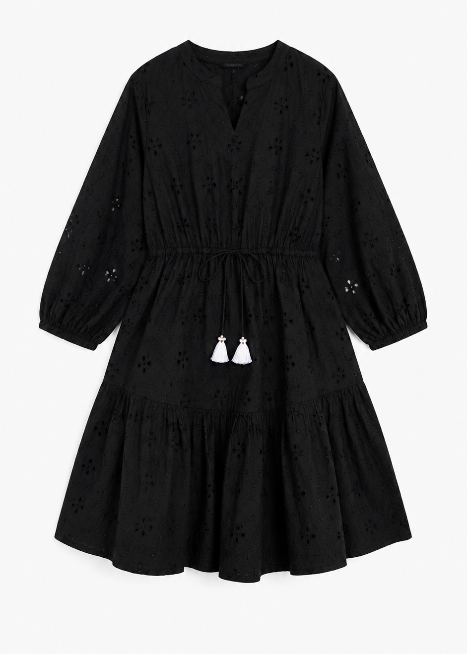 Black Schiffli Balloon Sleeve Dress