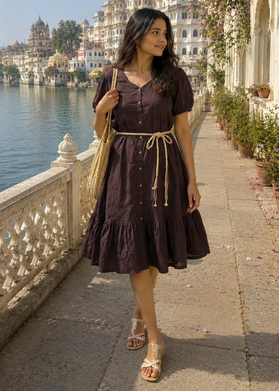 Brown Eyelet Cotton Dress