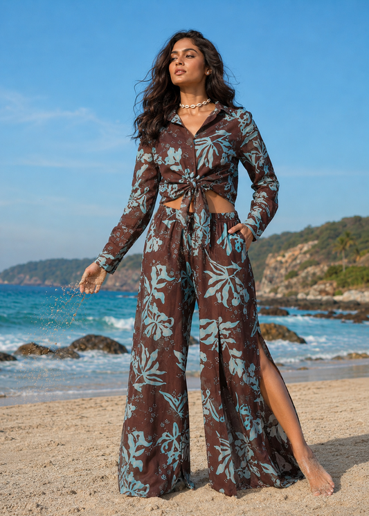 Mocha Blue Tropical Tie-Up Co-Ord Set