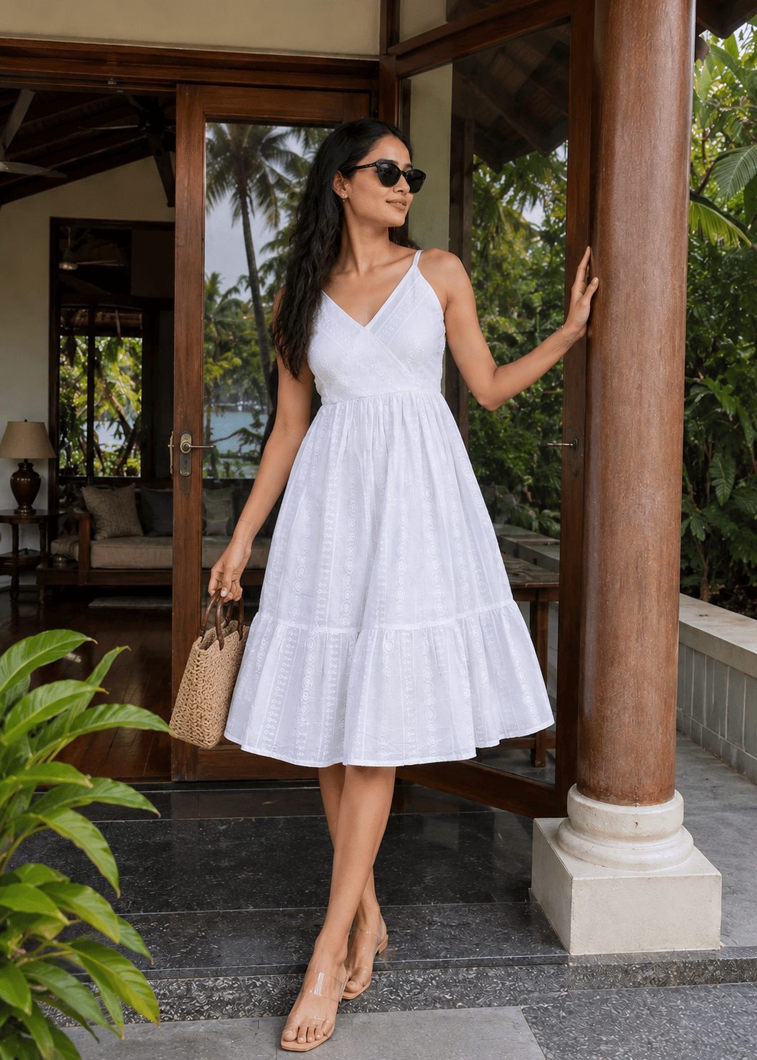 White Spaghetti Tiered Midi Dress