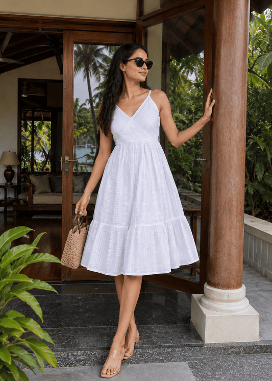 White Spaghetti Tiered Midi Dress
