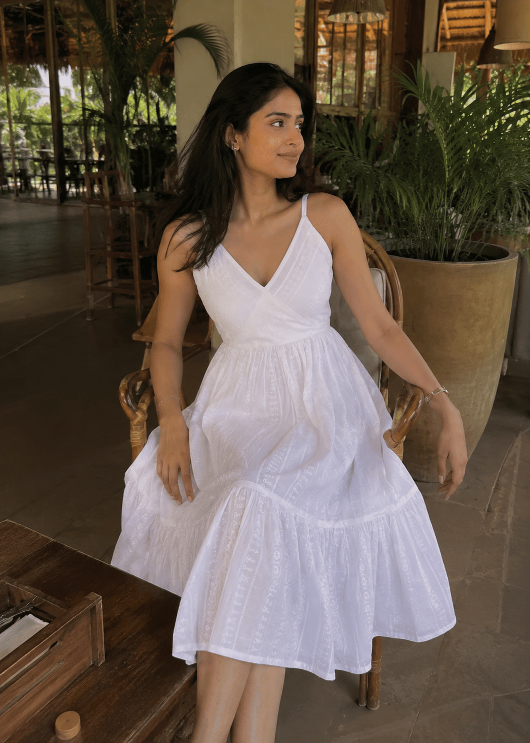 White Spaghetti Tiered Midi Dress