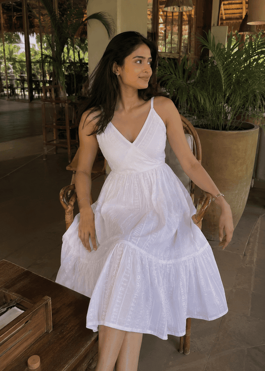 White Spaghetti Tiered Midi Dress