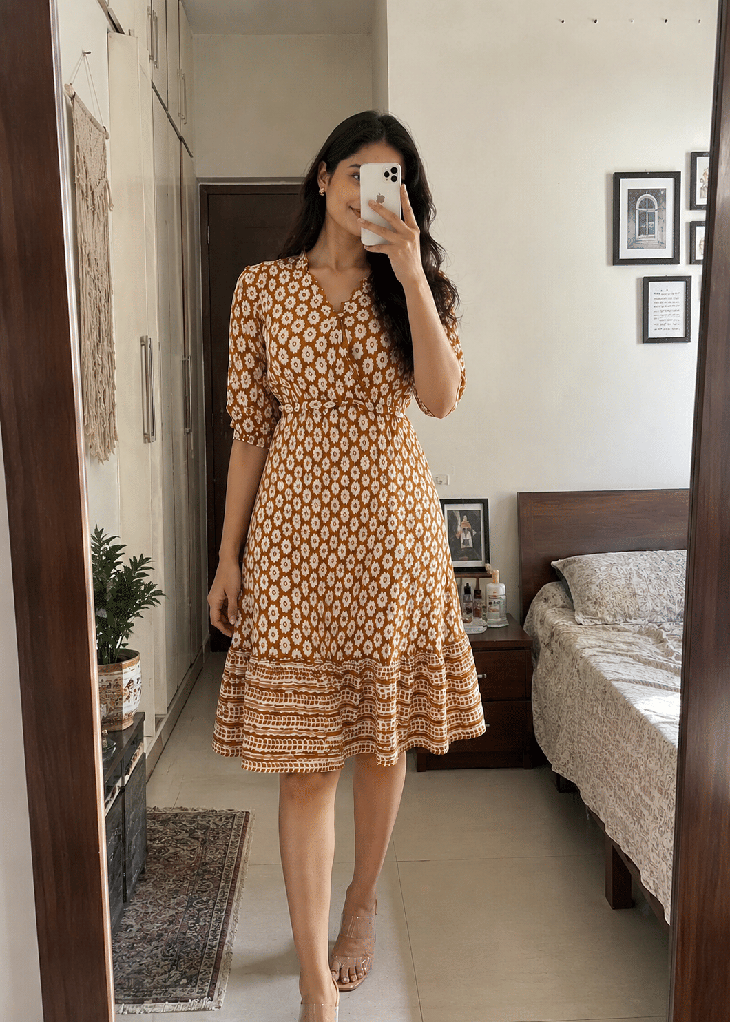 Mustard Printed Puff Sleeve Dress