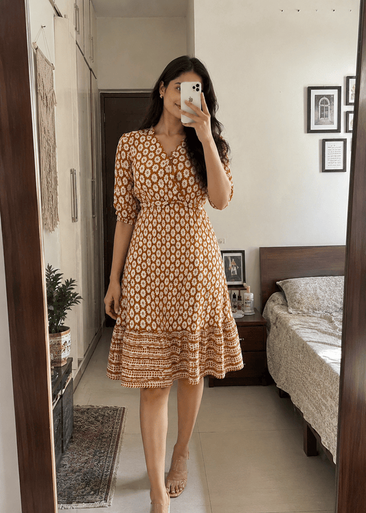 Mustard Printed Puff Sleeve Dress