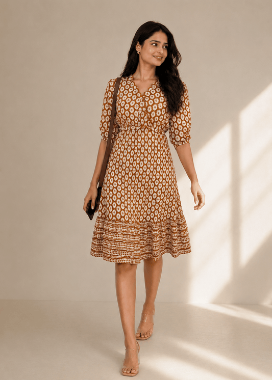 Mustard Printed Puff Sleeve Dress
