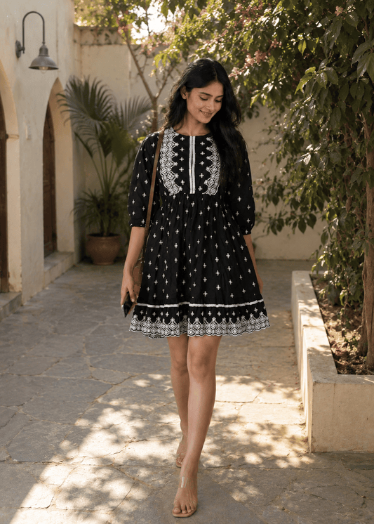 Black Embroidered Fit Flare Dress