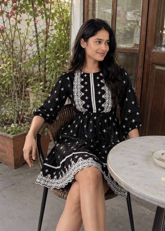 Black Embroidered Fit Flare Dress
