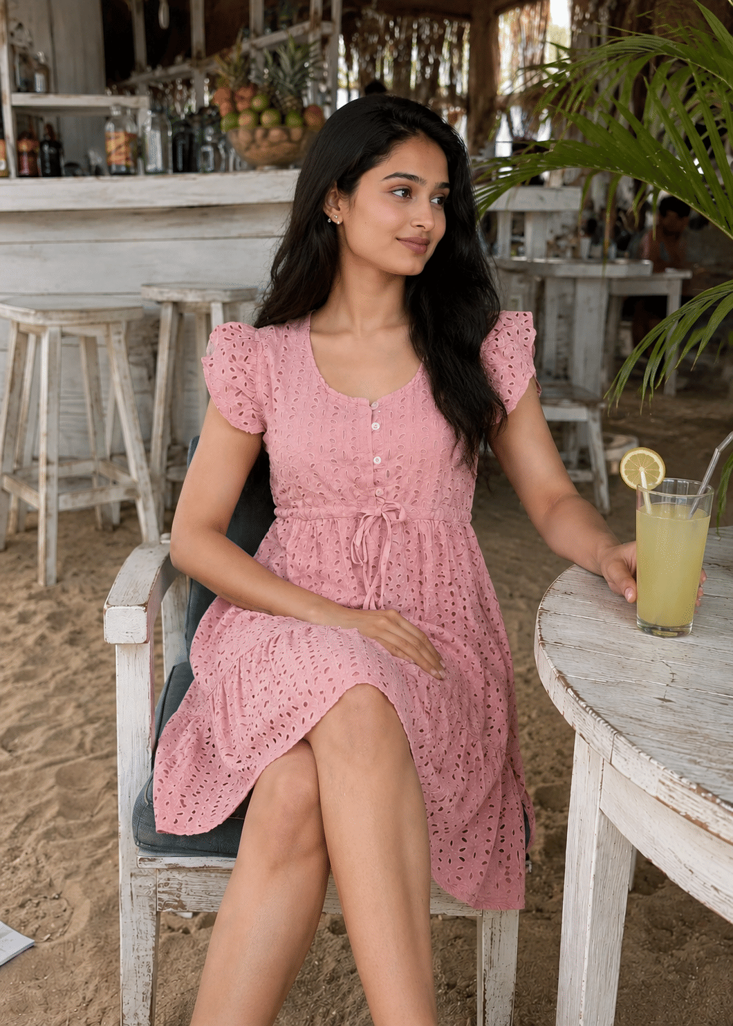 Pink Schiffli Butterfly Sleeve Dress