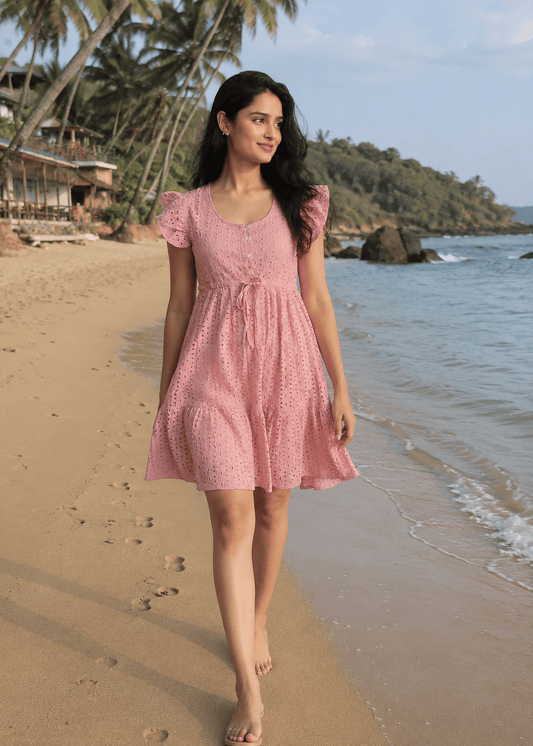 Pink Schiffli Butterfly Sleeve Dress