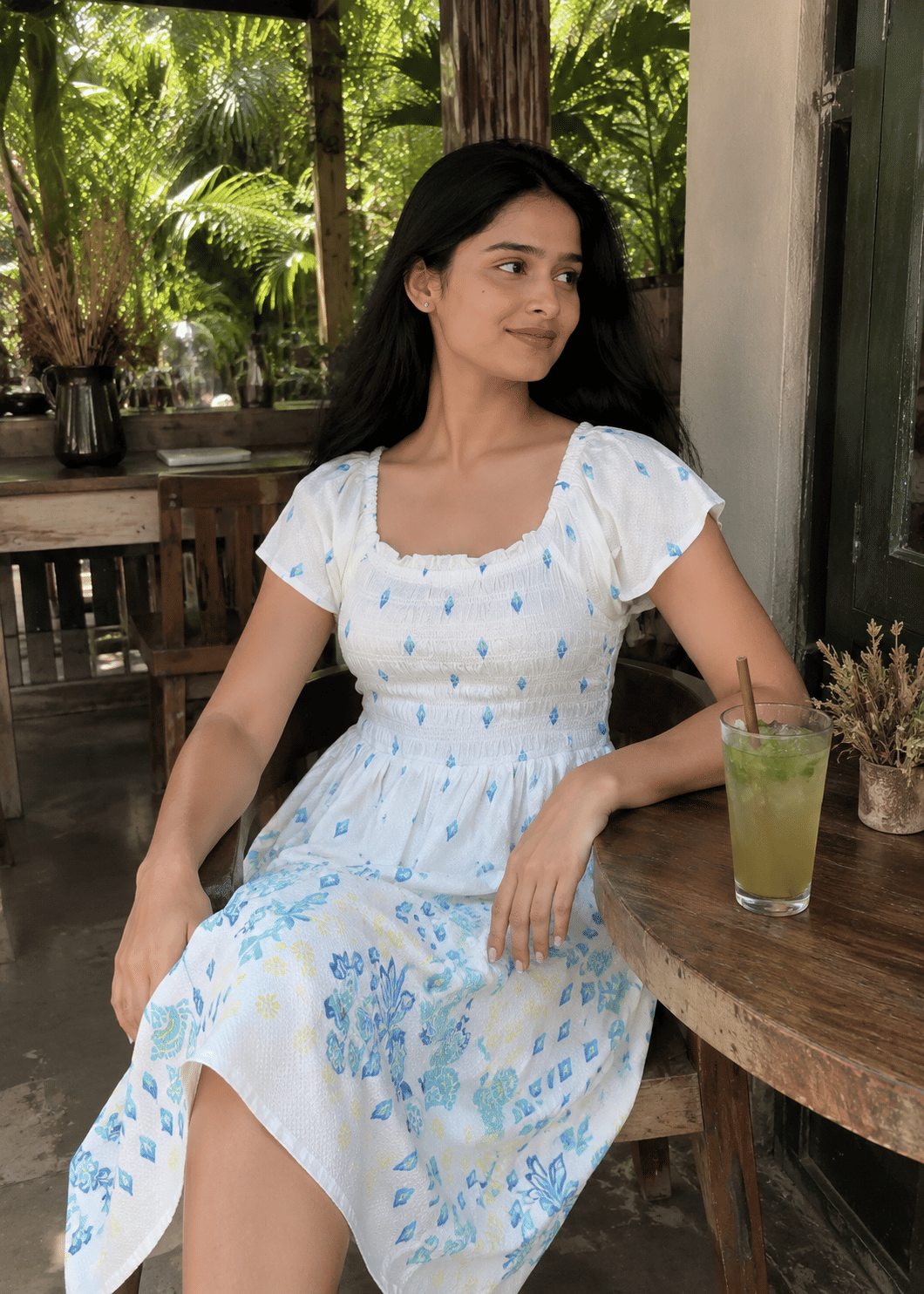White Smocked Puff Sleeve Dress